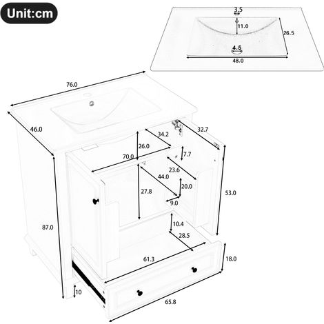 Meuble salle de bain blanc 76x46x87cm, pieds en bois massif, MDF imperméable et résistant à l'humidité, grand rangement, vasque céramique intégrée, facile à nettoyer, noir (1/5)