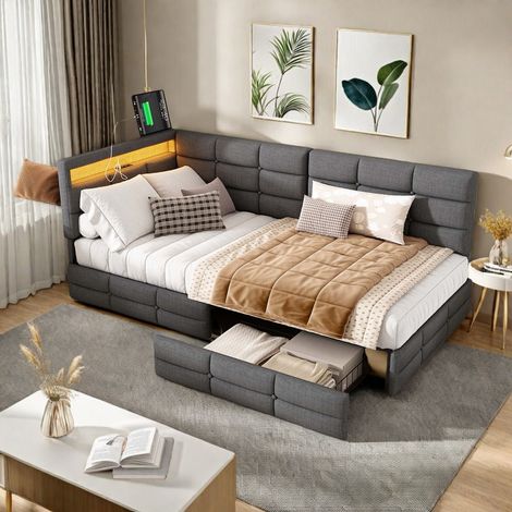Lit 90x200 avec LED RGB télécommande, ports USB Type-C, 2 tiroirs, tissu capitonné gris, sommier à lattes inclus, design moderne pour chambre adulte (1/5)