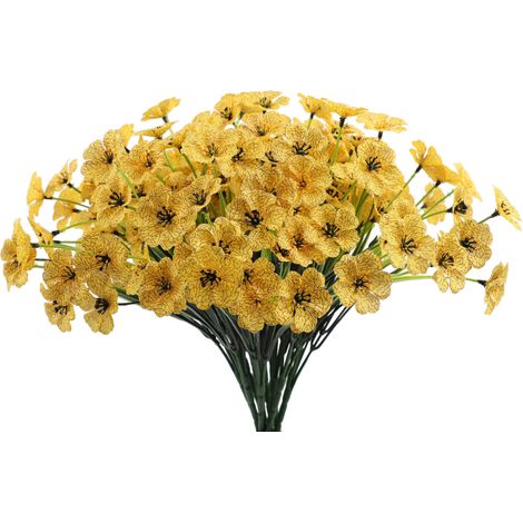 Lot de 2 fleurs artificielles violettes artificielles, fausses fleurs anti-ultraviolettes d'extérieur, décoration végétale artificielle, jaune (1/5)