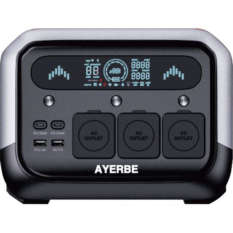 Station d'Énergie Portable Ayerbe AY-512 Wh / 700 W avec Batterie LFP, Sorties AC/DC/USB, Recharge Solaire et Voiture, Idéale pour Camping et Urgences