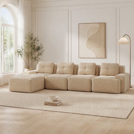 Canapé d'angle modulable 4 places avec chaise longue, tissu corduroy beige HAVRYA (1/5)