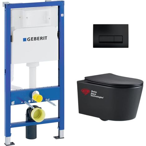 Pack WC Bati-support Geberit + WC Swiss Aqua Technologies sans bride + abattant SoftClose + plaque noire mat (BLSATGEB10SP)