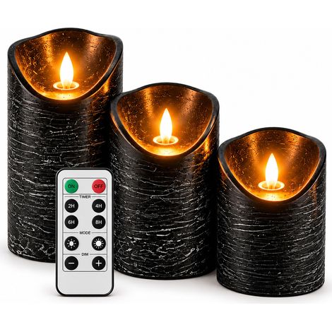 Velas LED Relaxdays, set 3, mando, llama parpadeante, temporizador, efecto mármol, cilíndricas, negras (1/5)