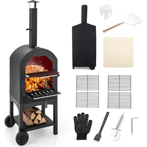 Costway – Four à pizza extérieur avec thermomètre intégré – Grand espace de cuisson 30,5 cm – Poignée et roues pour transport facile – Couvercle étanche