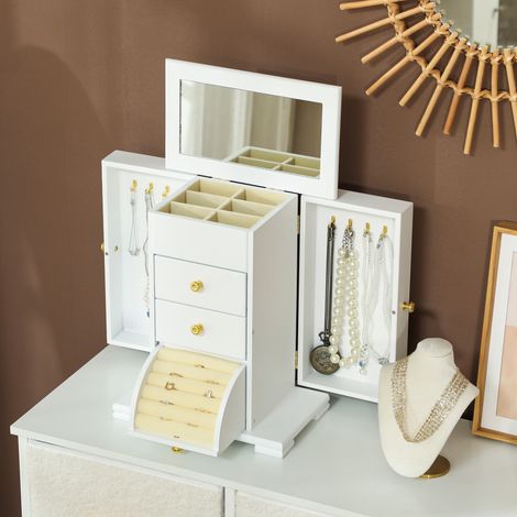 Coffret à bijoux pour femme, 4 niveaux, coffret en bois avec rabats, miroir et 2 tiroirs, 26,5 x 16 x 33,5 cm, blanc (1/5)