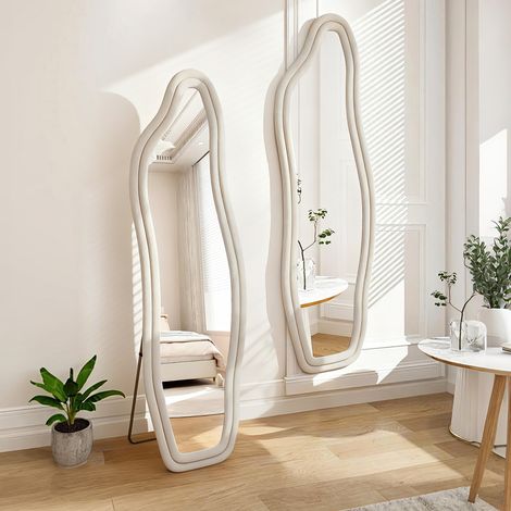 Miroir sur pied 160x50 cm, grand miroir, miroir mural, verre HD incassable, cadre velours, convient chambres, salons, dressings - Blanc