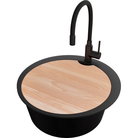 PRIMAGRAN Evier cuisine Granit Rond 53x53cm, Evier 1 bac + Robinet 40x38cm + Kit de Vidage + Planche à Découper, Lavabo Cuisine au meuble 50cm - Pise Max, Noir (1/5)
