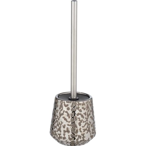 WENKO Set WC Burgos in pregiata ceramica con brillante gioco di disegni, originale portascopino incluso scopino WC, ciuffo Ø 7,5 cm sostituibile, marrone-grigio/platino Ø 12 x 33,5 cm (1/5)