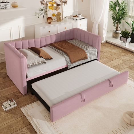 Letto Estraibile 90x200 cm con Regolabile in Velluto Rosa (1/5)
