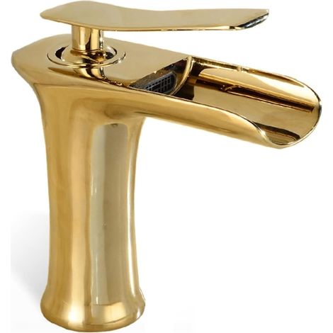 Gold brass bathroom faucet with waterfall spout, modern design single-handle basin mixer tap (1/5)