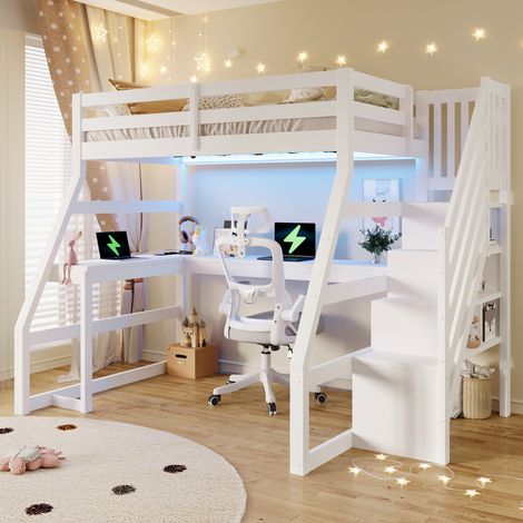 REDOM - Letto a soppalco - 90x200 cm - con scrivania LED USB scala - con contenitore in legno - bianco (Senza materasso)