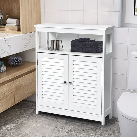 Meuble Rangement Salle de Bain Pieds Bois 2 Portes Blanc CW12774 (1/3)