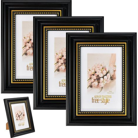 Lot de 3 Cadres Photo Vintage Noir et Doré, 10 x 15 cm, Cadres Muraux et à Poser, Design Classique avec Verre Acrylique Transparent, pour Décoration Salon, Chambre, Bureau (1/5)