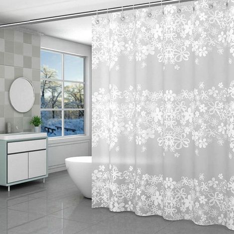 80x180 cm, PEVA Rideau de Douche Imperméable Anti Moisissure Fleur, Rideaux de Baignoire Lavable Blanc Fleur, Rideau Douche Salle de Bain avec Crochet œillets (1/5)