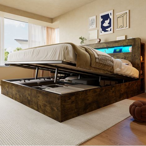 Cama arca 180x200 cm - Cama doble - Con cabecero con LED y tomas integradas - En madera - Marrón (1/5)