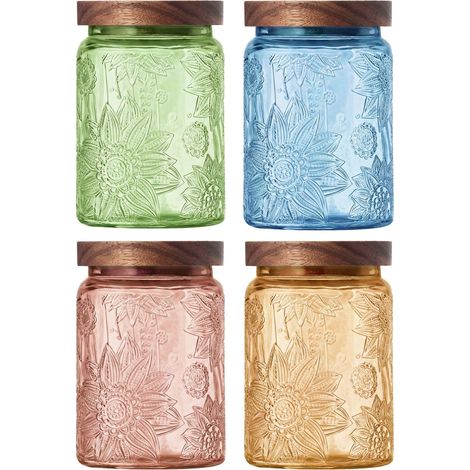 Lot de 4 bocaux en verre vintage avec couvercle - 700 ml - Pour biscuits, gingembre, bonbons, grains de café, sucre - Organisateur empilable pour sachet de thé, apothicaire - Vase à fleurs (1/5)