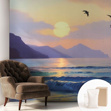 Papier peint intissé classique moderne pour salon et chambre à coucher Décoration rapide avec colle Coucher de soleil sur la mer 250x250 cm (1/5)