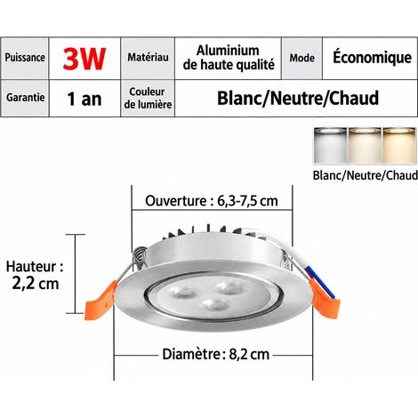 Spot encastrable LED plafond multi-lentilles 3W blanc 6000K Ø8,2 cm 1 3w 8.2 cm 100 g – Livraison gratuite