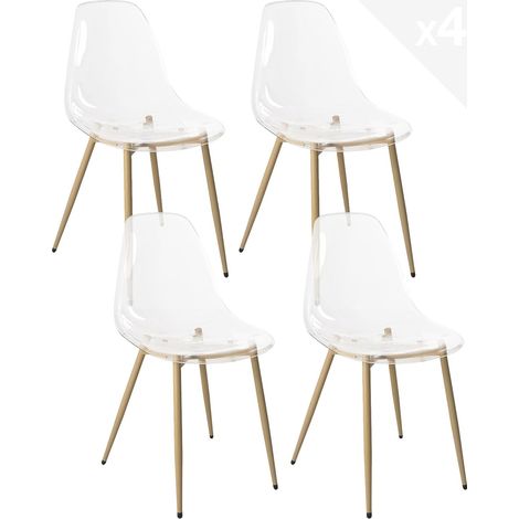 Ensemble de 4 chaises transparentes pour cuisine, salle à manger ou chambre à coucher, assise en plastique translucide, pieds en métal, teinte bois clair Nova (transparent) (1/5)
