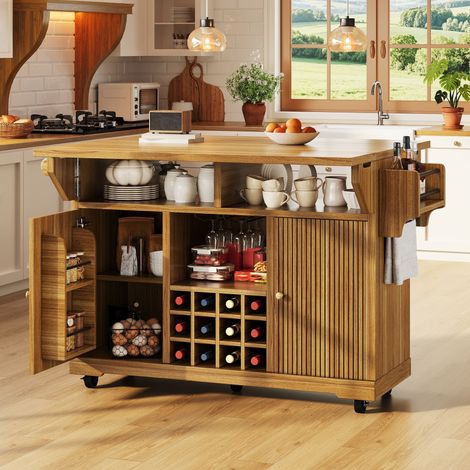 Chariot de service multifonctionnel, desserte de cuisine avec espace de rangement, étagères réglables et porte-bouteilles, table d'appoint mobile pour salle à manger, salon et balcon, marron foncé (1/4)
