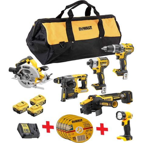 Dewalt – Kit d’outils électroportatifs 5 pièces – Moteur sans balais 18V – 3 batteries 5,0Ah + chargeur – Lampe DCL040 + 5 disques offerts