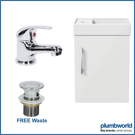 400mm White Gloss Wall Hung Bathroom Vanity Unit with Basin Sink Storage with Essentials Curved Mixer Tap & Waste (1/5)