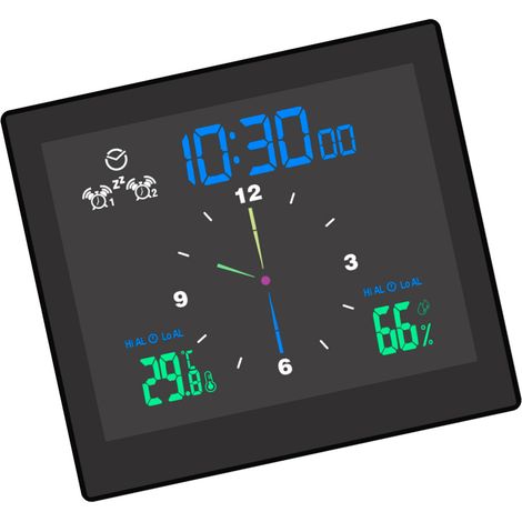 Réveil numérique de salle de bain étanche avec thermomètre et hygromètre, écran LCD, alarmes doubles (limites supérieure et inférieure) et fonction snooze. (1/5)