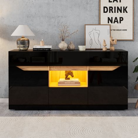 Buffet 140x40x70 cm Blanc Effet Bois avec LED, 4 Tiroirs et 2 Portes, Meuble de Rangement Salon