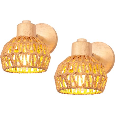 2PCS Rotin Tissé Applique Murale Rétro Bohème Lampe Murale Abat-jour en Corde en Papier Fait à La Main Luminaire Cage E27 pour Chambre Salon Corde (1/5)