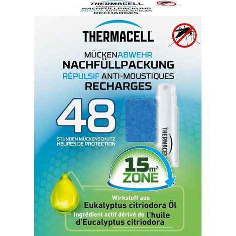 THERMACELL Recharge Répulsive Anti Moustiques & Moustiques Tigres - Protection Efficace 15m²- Compatible avec Diffuseurs, Nomades et Lanternes - Durée 48h - 4 Cartouche Gaz + 12 plaquettes