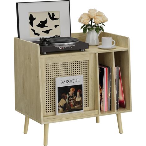 Meuble Platine Vinyle avec Rangement, Meuble Vinyle à Porte en Rotin, Grand Compartiment de Stockage et Plateau Spacieux (1/5)