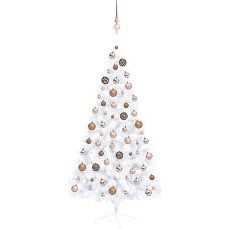 vidaXL Medio árbol de Navidad con luces y bolas blanco 150 cm (1/5)