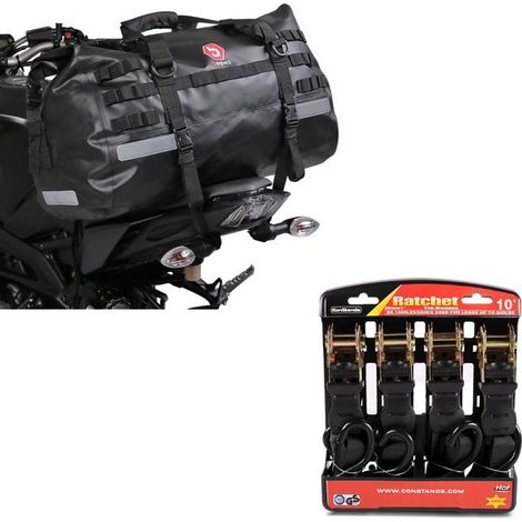 Motorrad-Heck-Satteltasche XB50 Dry Bag Wasserdicht Volumen + Motorrad-Gurt-Set mit Ratsche und Haken inkl. 4x Ladeösen