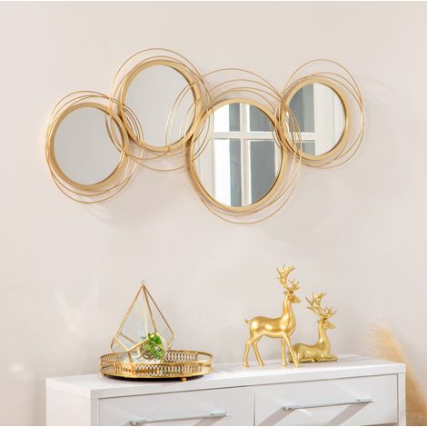 Decoración mural con espejo y 4 espejos redondos, metal dorado, 107 x 56 cm DESVIAE (1/5)