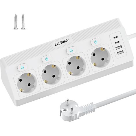 8 en 1 Multiprise 2 USB A et 2 USB C, Prise d'angle et Câble 2M, Blanc Electrique Parasurtenseurs 4 Prises avec Interrupteur (1/5)