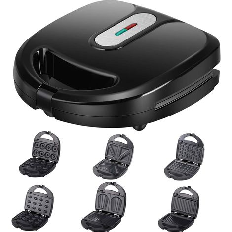 6-in-1-Mini-Donut-Maker, Grill-Maker mit doppelseitiger Heizung, antihaftbeschichteter Pfanne, 6 Backformen und Kontrollleuchten, 750-W-Sandwich-Toaster für Zuhause und draußen
