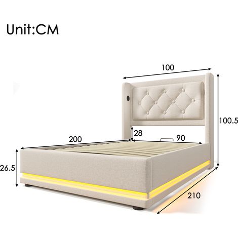 Lit 90x200 beige, sommier coffre tapissier avec rangement hydraulique en coton, tête de lit rembourrée intégrant port USB-C, LED sur 3 côtés (sans matelas)