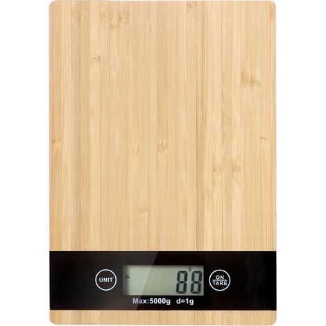 Báscula de cocina electrónica de bambú con pantalla LCD táctil plana para el hogar, hasta 5 kg.