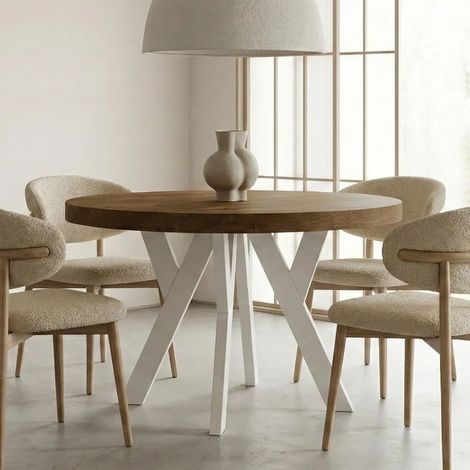 Table de salle à manger ronde extensible PERO, style loft, scandinave, diamètre : 100 / 150 cm, Couleur :Lefkas / Blanc