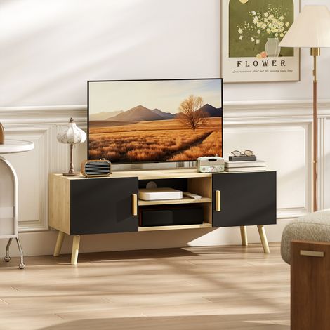 Meuble TV meuble télé bois banc TV jusqu'à 50 pouces avec étagères. 2 placards et passe-câbles. chêne