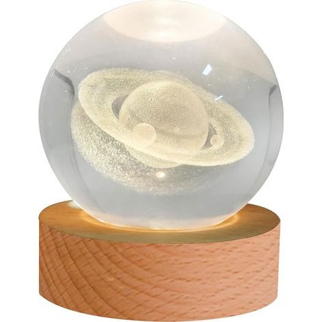 1 Veilleuse boule de cristal, verre sculpté, socle bois massif, éclairage LED USB, décoration chambre (1/5)