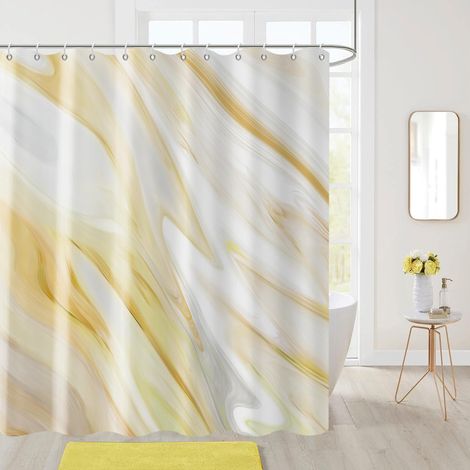 Rideau de Douche, 200x180cm, Art Abstrait Moderne Marbre Jaune Vague Luxe Tissu Imperméable Rideau de Salle de Bain Lavable en Machine avec Crochets (1/5)