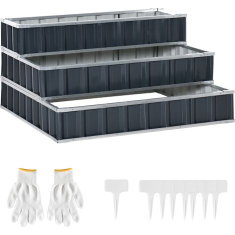Carré potager 3 niveaux acier escalier fleurs jardinière surélevée résistant aux intempéries gris foncé 118x118x62cm pour jardin et balcon avec étiquettes en T et gants