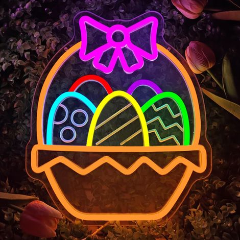 Néons Œufs de Pâques : Intensité variable, enseigne LED en forme de panier d'œufs, parfait pour les cadeaux de fête, les chambres et les fêtes. (1/5)