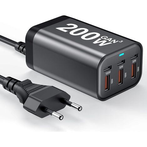 Bloc chargeur USB-C GaN 200W 6 ports - Station de charge rapide hub, compatible avec laptop, iPad, iPhone 17 Pro Max, Pixel, DELL, MacBook Pro/Air, Galaxy S25, Steam Deck (1/5)