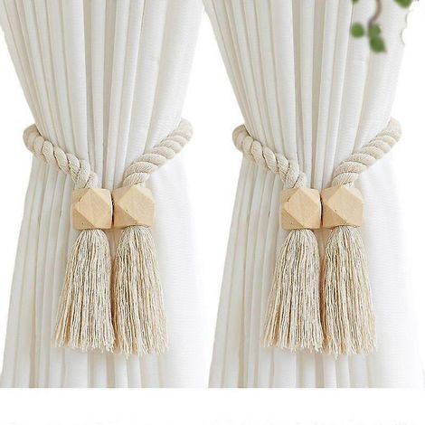 Lot de 2 embrasses magnétiques pour rideaux en coton tissé à la main (beige) (1/5)