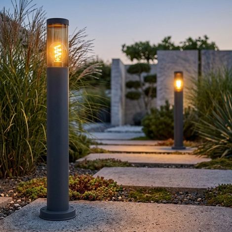Standleuchte Außenbeleuchtung Sockelleuchte rauch anthrazit Außen Garten Stehlampe, Edelstahl Kunststoff, 1x E27, DxH 7,6x80 cm, 2er Set (1/5)