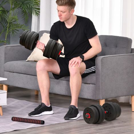 Jeu d'haltères 2-en-1 barre courte réglable 30 kg haltères professionnelles musculation noir (1/5)