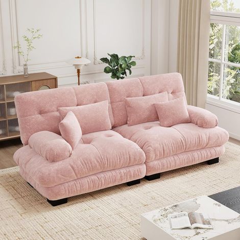 Canapé d'angle modulable luxueux - Canapé nuage surdimensionné en forme de L pour salon, canapé-lit profond avec pouf, velours côtelé, chenille rose. (1/5)
