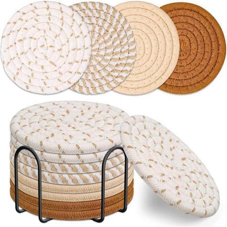 8er Set Untersetzer aus Baumwolle mit Halter, rund, saugfähig, Tischdeko Braun 4-farbig (1/5)